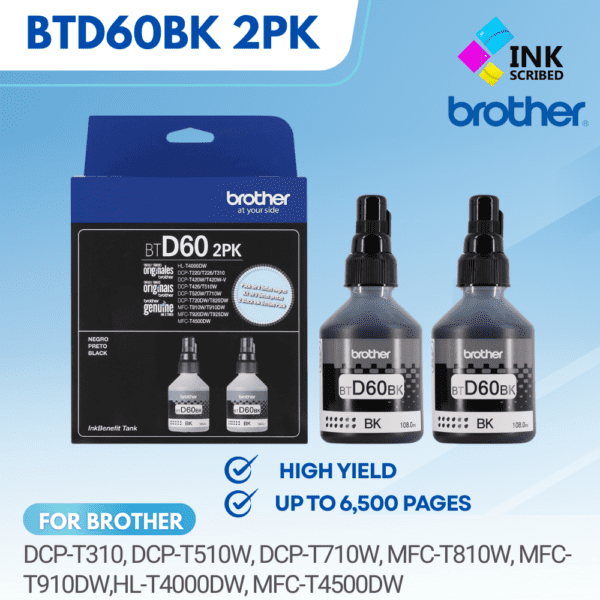 BROTHER BTD60BK 2PK BLACK GENUINE BOTTLED INK FOR BROTHER PRINTER